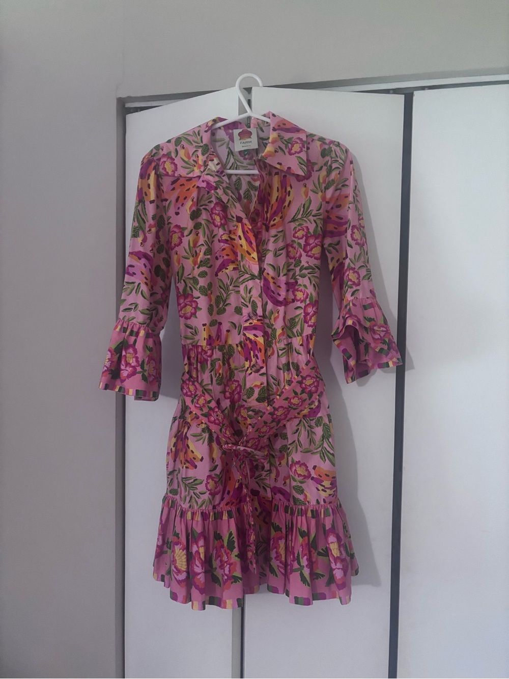 Floral Pink Tie-Waist Shirt Dress -Farm Rio